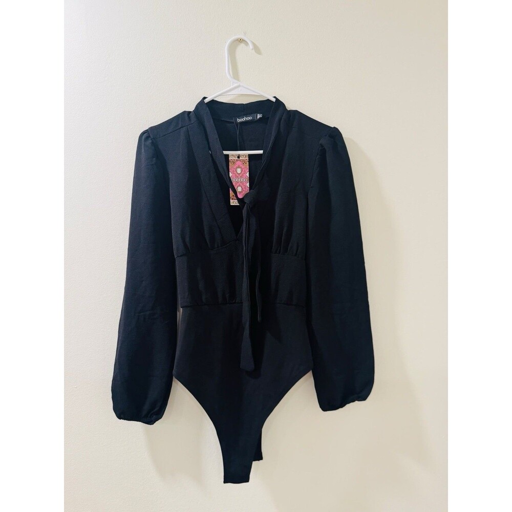 Boohoo Black wrap chiffon sleeves bodysuit top Size 6